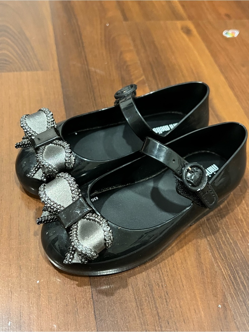 Mini Melissa Black Mary Jane Flats with Rhinestone Bow